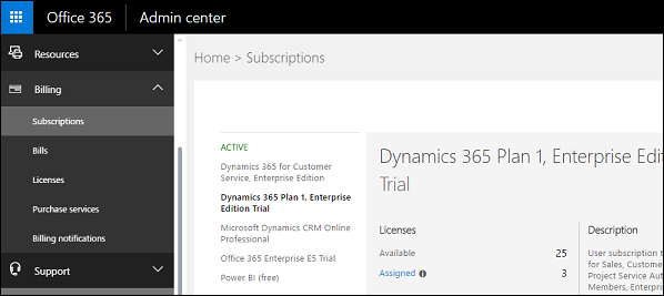 Assinaturas do centro de administração do Microsoft 365.