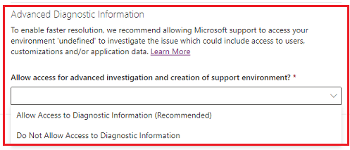 Captura de tela de uma solicitação de suporte com Permitir acesso para investigação avançada e criação de ambiente de suporte destacada.