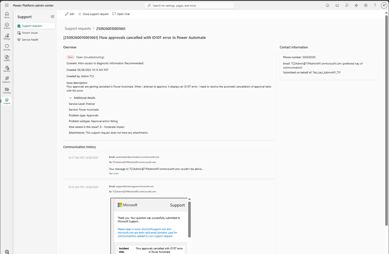 Captura de tela da página de detalhes da solicitação de suporte mostrando metadados, histórico de comunicações e ações disponíveis.