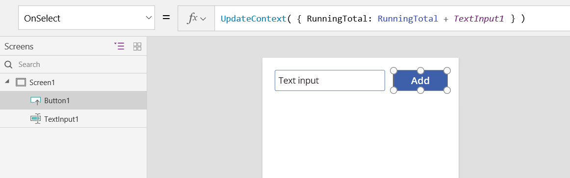 Captura de tela da propriedade Adicionar botão OnSelect atualizando a variável de contexto RunningTotal.