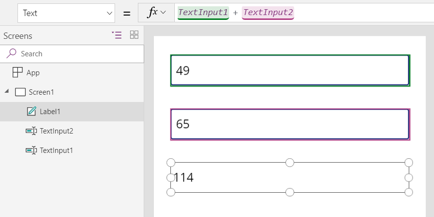 Captura de tela de duas entradas de texto e um rótulo calculando uma soma com uma fórmula do Power Fx.