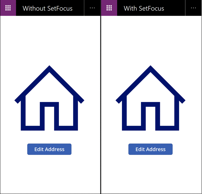 Uma animação mostrando uma comparação lado a lado do uso de SetFocus em comparação ao não do uso da exibição de uma tela de entrada de dados.