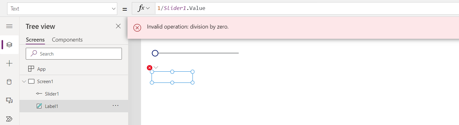 O controle Slider foi movido para 0, resultando em uma divisão por erro zero e um banner de erro.