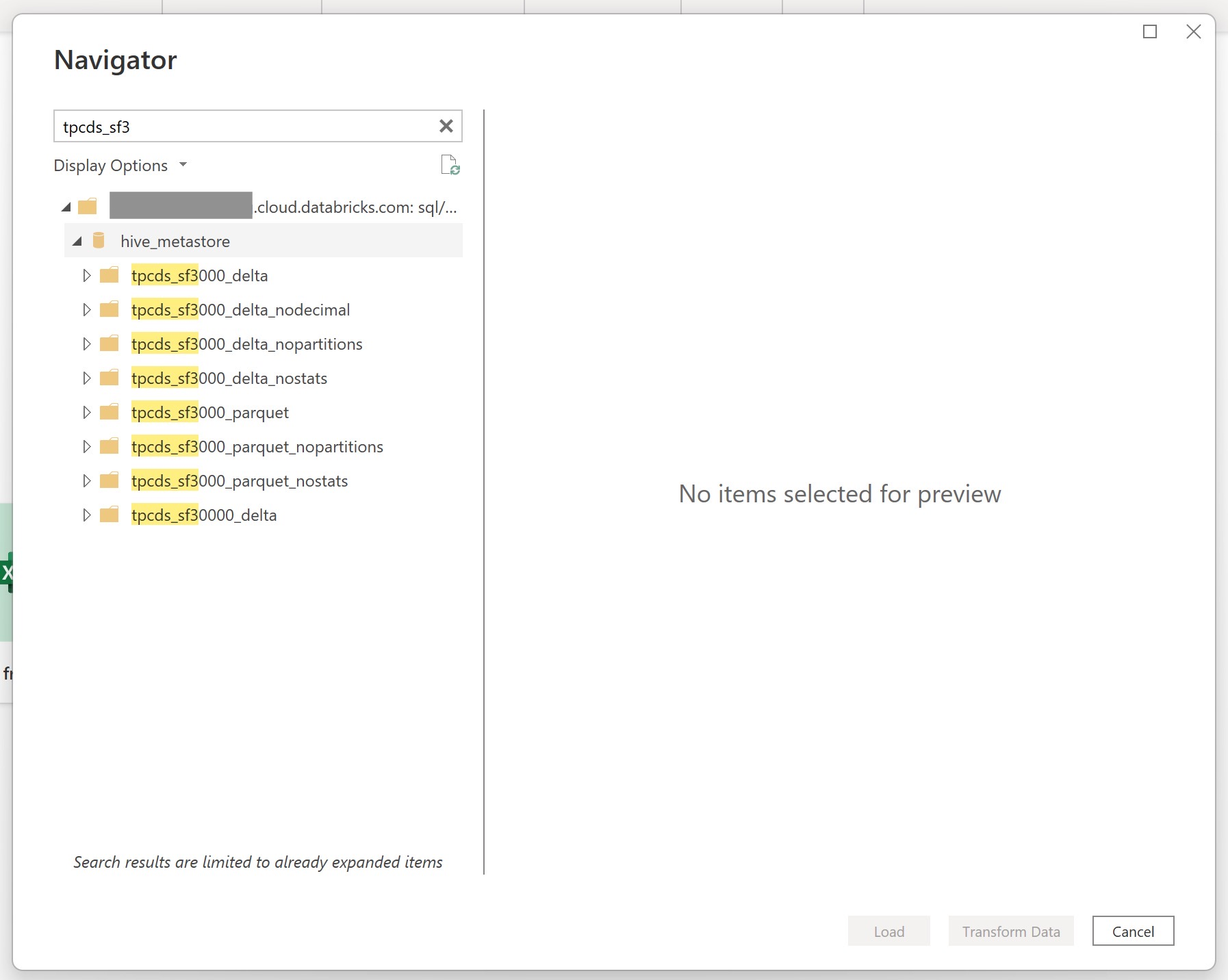 Imagem do navegador do Power Query carregando dados do Databricks Cloud para o aplicativo para desktop.