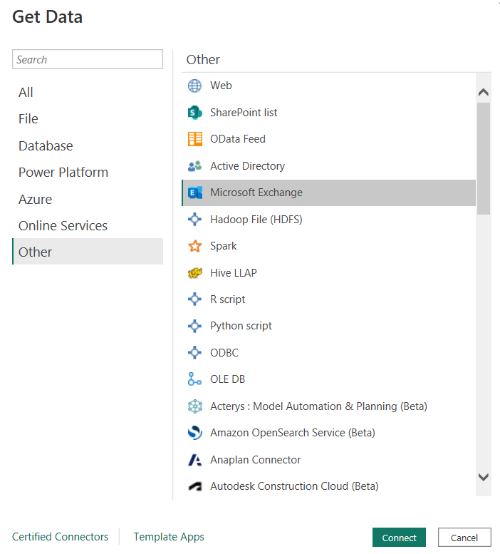 Screenshot of the Get Data dialog, showing Microsoft Exchange selected.