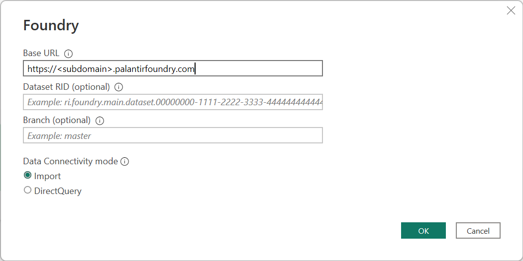 Captura de tela das configurações de conexão do Palantir Foundry no Power Query Desktop.