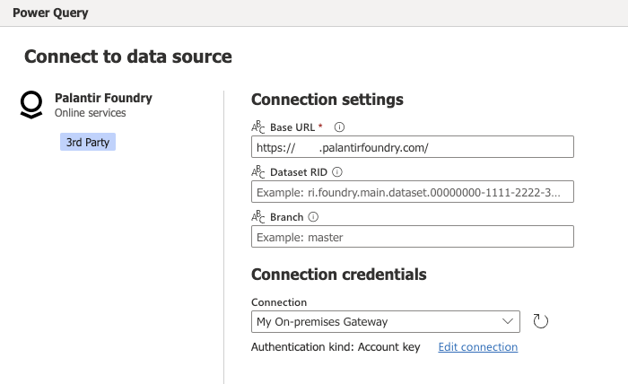 Captura de tela das configurações de conexão do Palantir Foundry no Power Query Online.