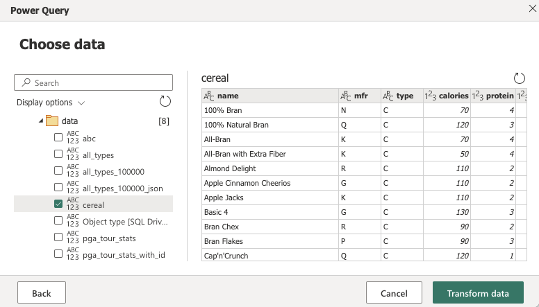 Captura de tela do navegador do Power Query Online a mostrar o conjunto de dados selecionado.