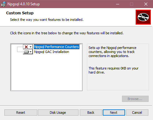 Captura de tela do instalador Npgsql com a Instalação do GAC selecionada.