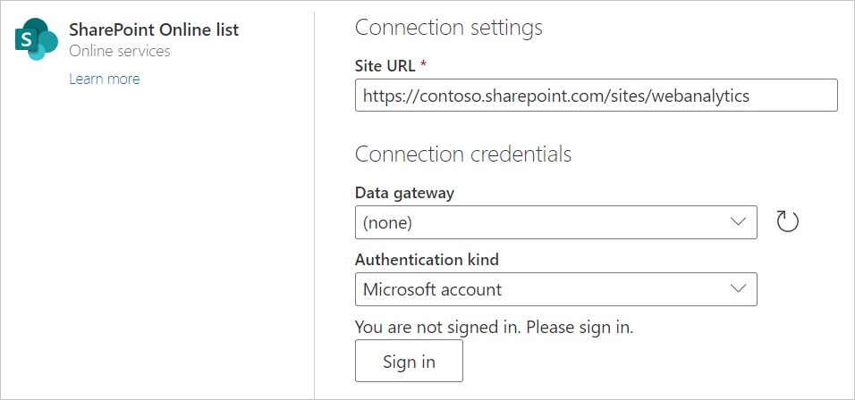 Captura de tela da janela Listas do SharePoint Online com um exemplo de URL do Site inserida.