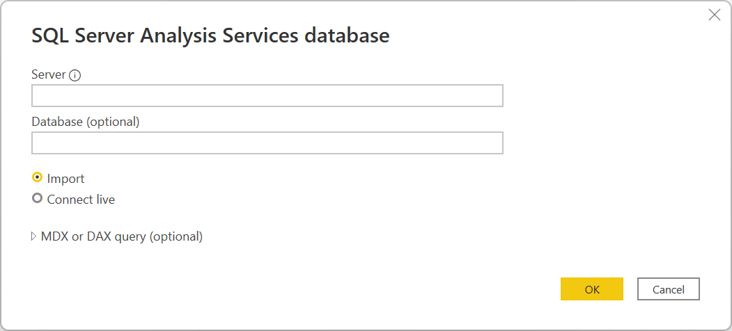 Construtor de conexões de banco de dados do SQL Server Analysis Services no Power Query Desktop.