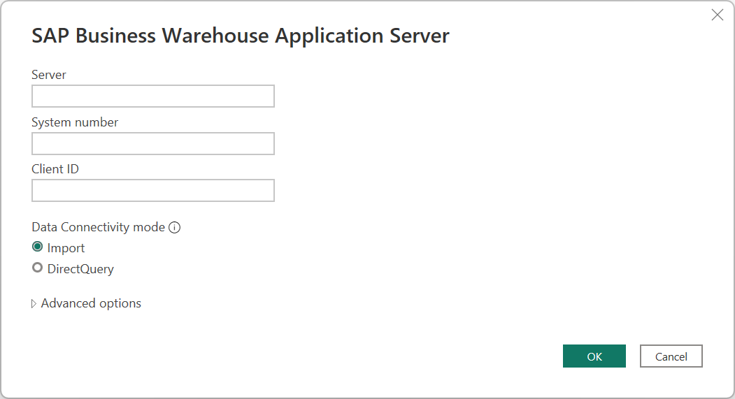 Insira o nome do servidor, número do sistema e ID do cliente do SAP BW Application Server ao qual você deseja se conectar.