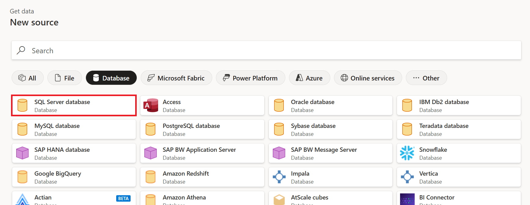 Selecione o banco de dados SQL Server na categoria Banco de dados.