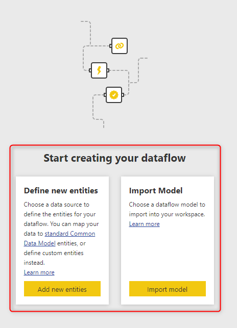 Captura de tela do menu criar fluxo de dados em que aparecem apenas as opções Definir novas entidades e Importar modelo.