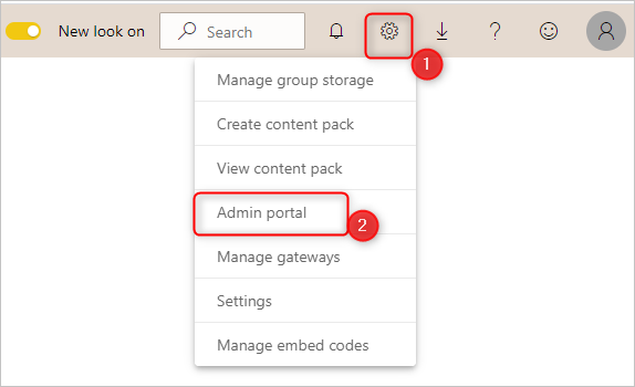 Captura de tela do menu suspenso de configurações do Power BI com a opção do portal do administrador enfatizada.