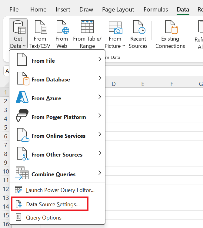 Captura de tela da pasta de trabalho do Excel com a opção Configurações da Fonte de Dados enfatizada.