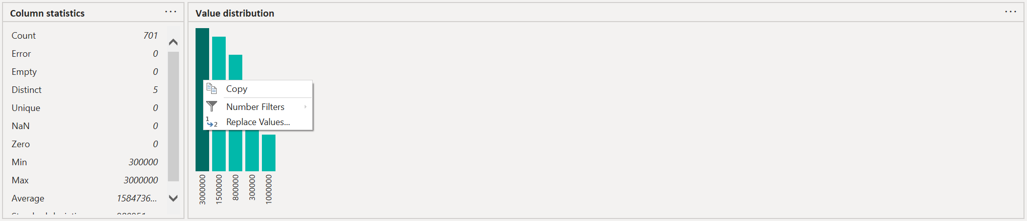 Captura de tela demonstrando como exibir o menu de atalho com as transformações disponíveis para uma única barra no gráfico de barras de distribuição de valor.