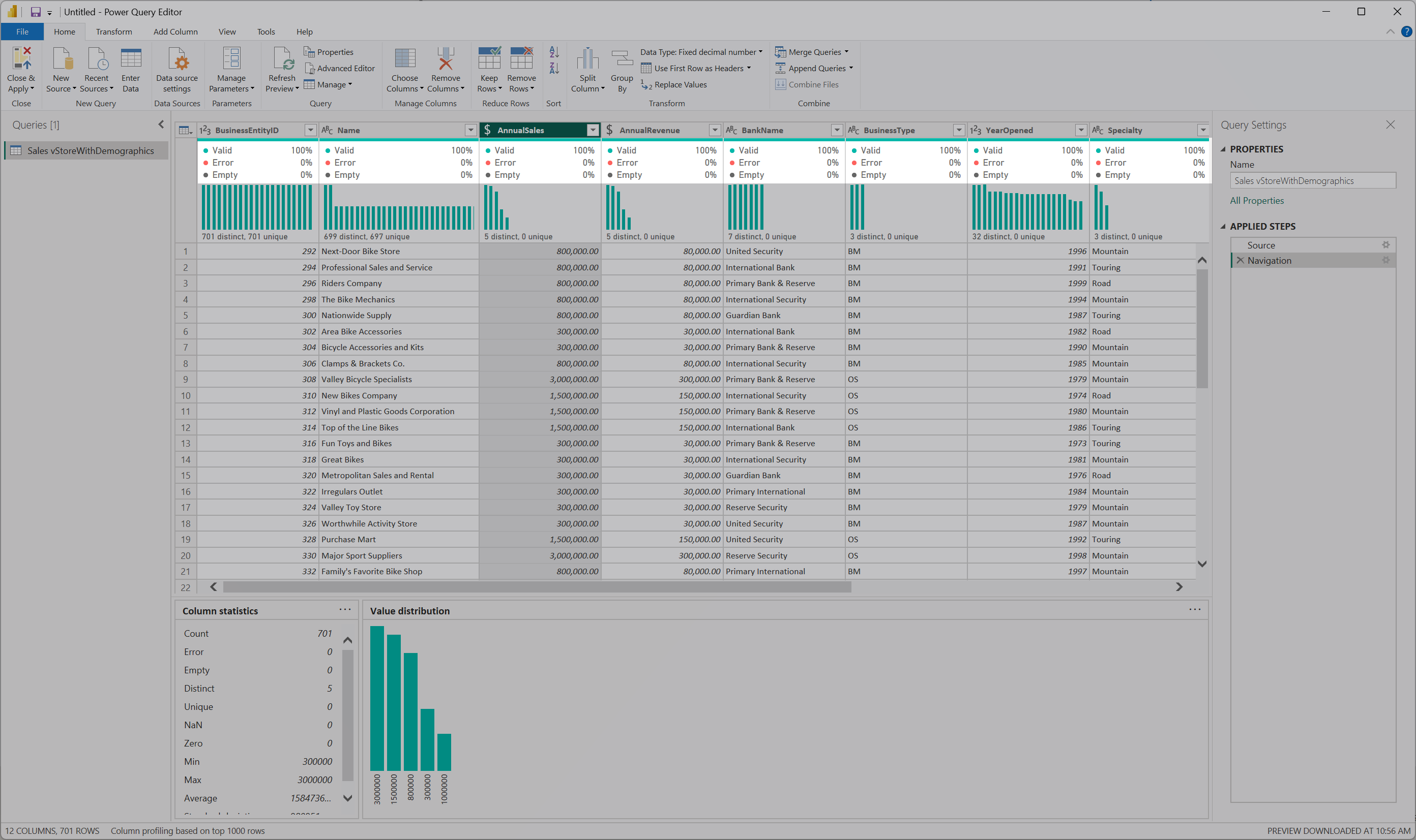 Captura de tela da exibição aprimorada do gráfico de barras com indicadores de qualidade de dados e rótulos acima de cada coluna na tabela.