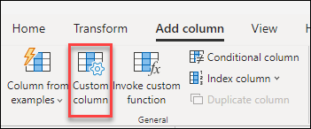 Captura de tela da faixa Power Query com a opção Coluna personalizada enfatizada na guia Adicionar coluna.