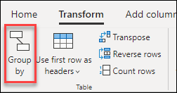 Captura de tela da faixa Power Query com a opção Agrupar por enfatizada na guia Transformar.