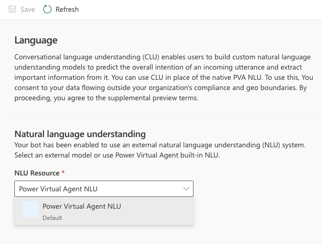 Opção de linguagem para selecionar o recurso de NLU.