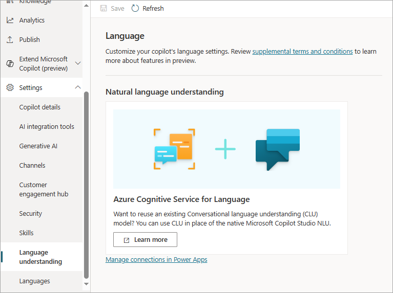 Menu de opções de idioma quando não conectado ao Azure Congnitive Service for Language.