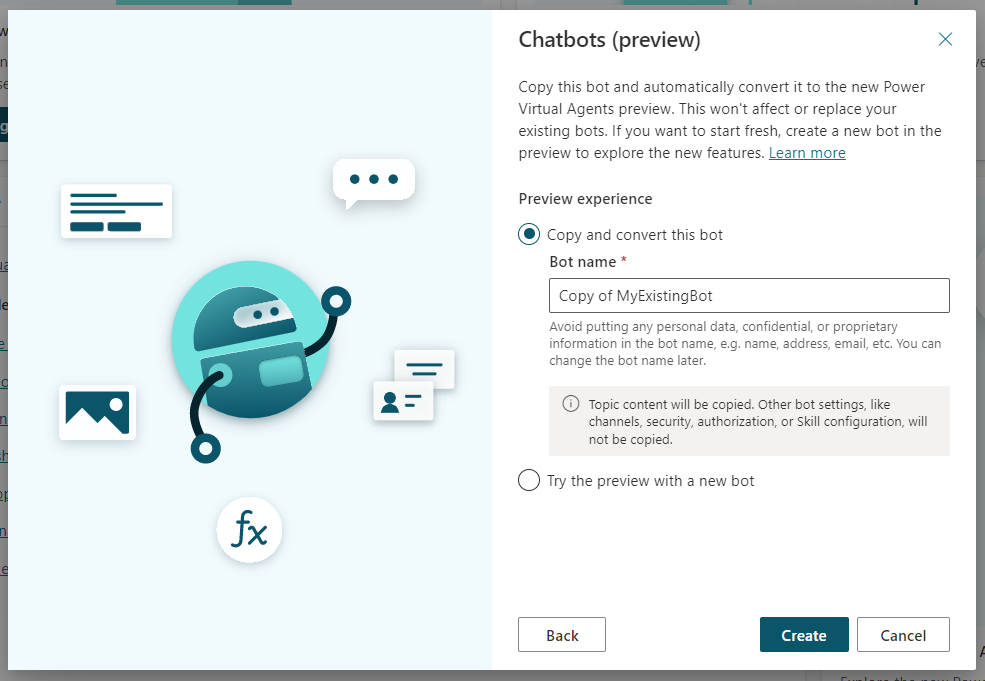 Captura de tela do bloco Chatbots (versão preliminar), onde um bot existente pode ser copiado e convertido para uso na versão preliminar do Power Virtual Agents.
