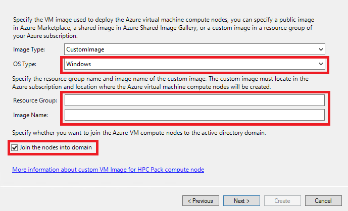 Screenshot shows a dialog box where you can select the O S Type, enter the Resource Group and Image Name and select whether to Join the nodes into domain.