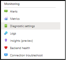 Captura de tela que mostra Configurações de diagnóstico para um recurso de Gateway de Aplicativo.