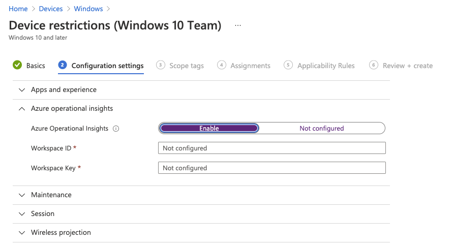 Captura de tela que mostra a configuração de uma política do Intune.