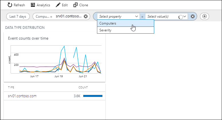 Captura de tela que mostra o diálogo para adicionar filtro personalizado no Azure Monitor. A propriedade Computadores está sendo selecionada no menu suspenso Selecionar propriedade.