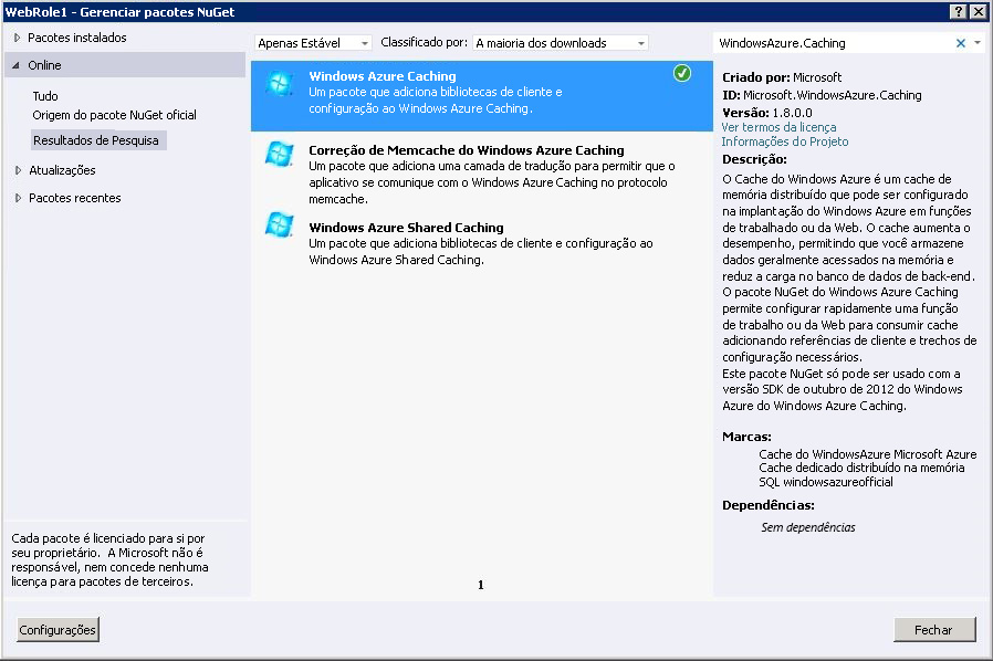 Screenshot of Caching Preview Package (NuGet 2.0)