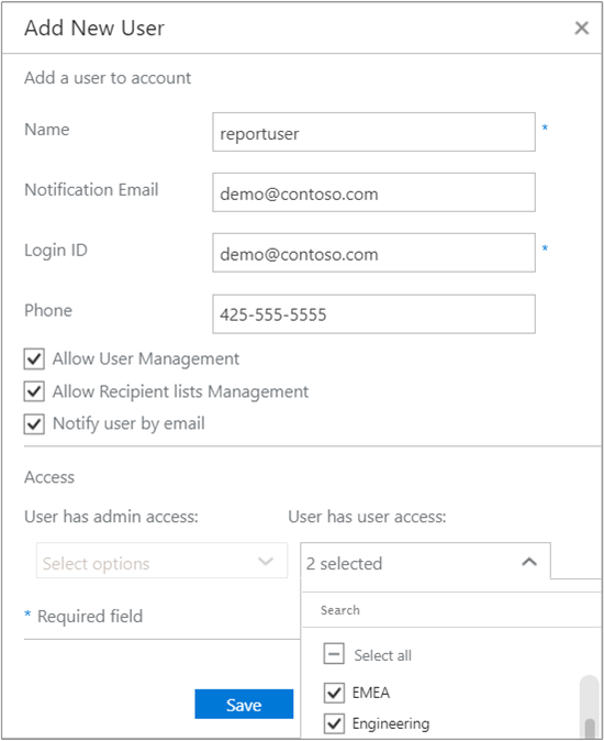 Exemplo mostrando o acesso de usuário na caixa Adicionar novo usuário