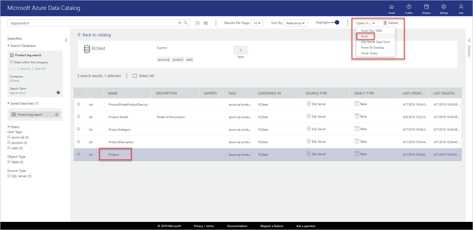 Um produto é selecionado da tabela de resultados retornados. O botão Abrir Em é selecionado, e o Excel é escolhido no menu suspenso.