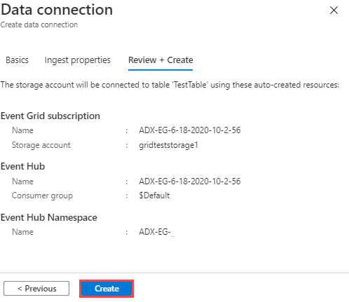 Captura de tela da guia “Revisão e criação” de “Conexão de dados”, mostrando um resumo das configurações da conexão de dados selecionada.