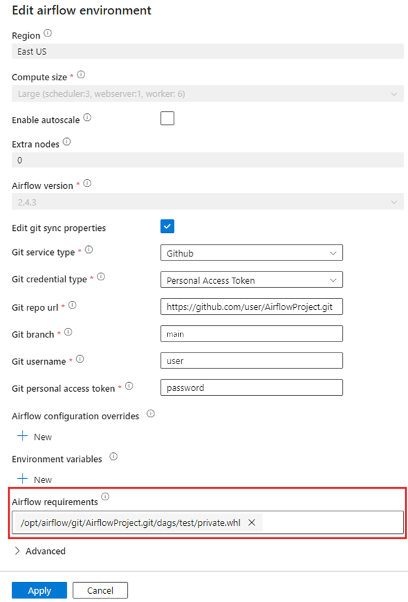 Captura de tela que mostra a seção Requisitos do Airflow na caixa de diálogo de configuração do ambiente do Airflow exibida durante a criação do runtime de integração de um gerenciador de orquestração de fluxo de trabalho.
