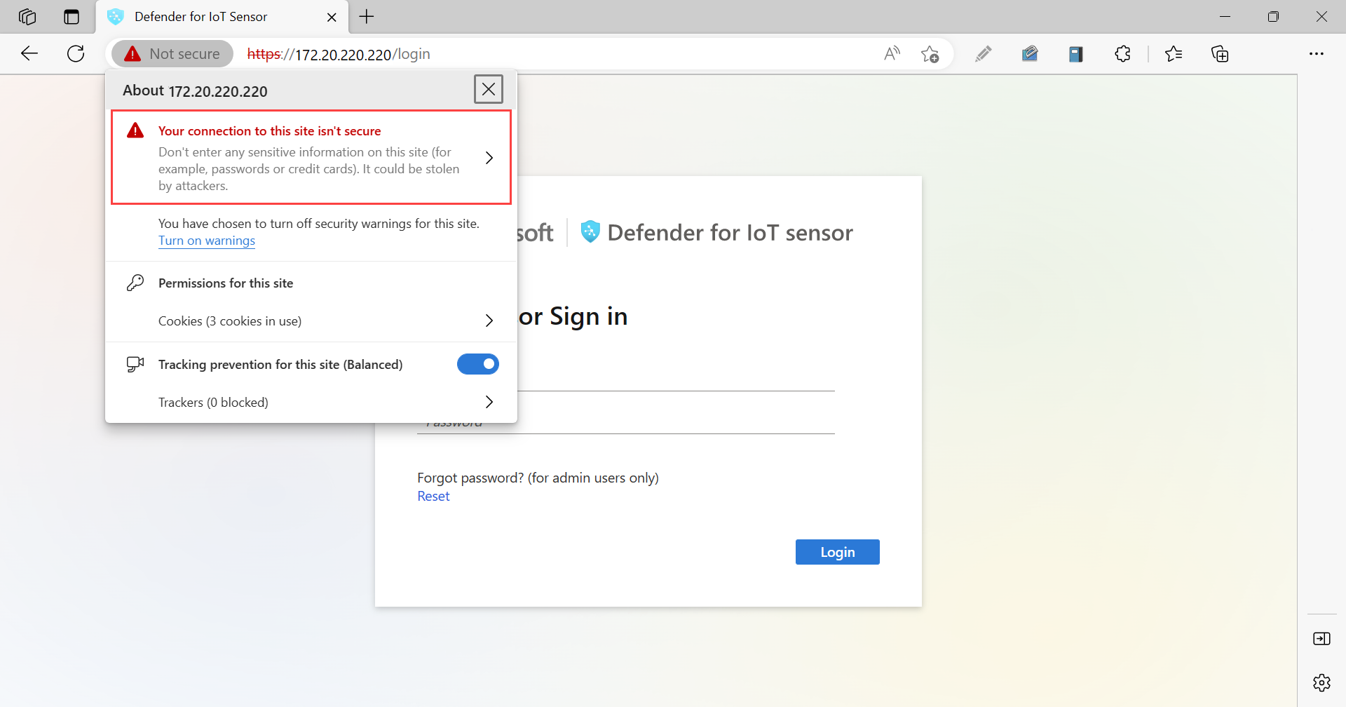 Captura de tela de página da Web com um aviso Não seguro na barra de endereços.