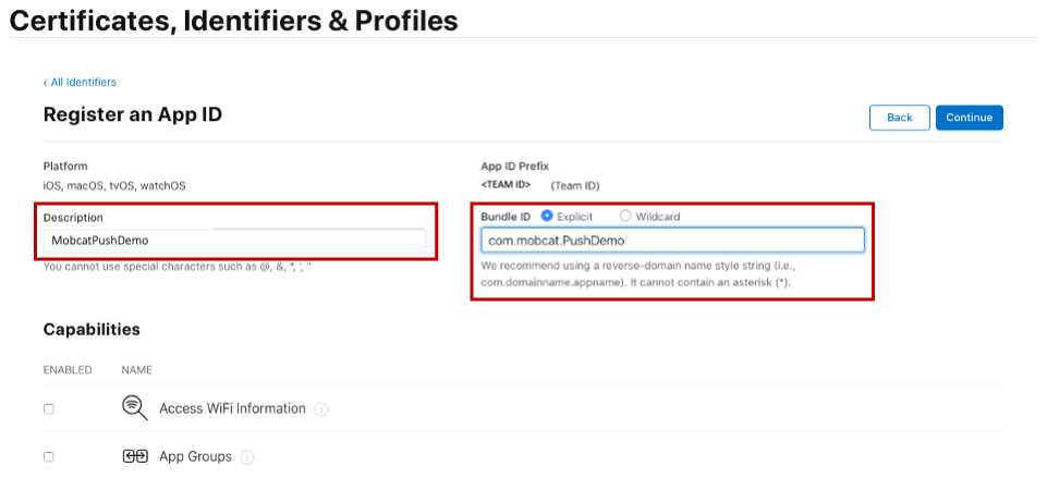 Página de ID do aplicativo de registro do Portal de Provisionamento do iOS