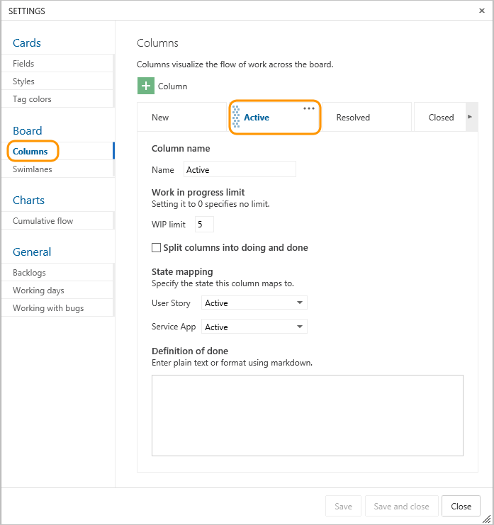 Screenshot that shows column settings in the Settings dialog for Team Foundation Server.