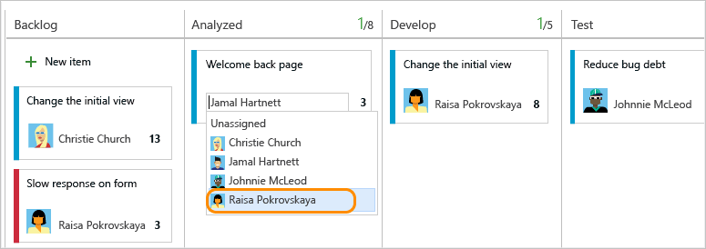 Screenshot that shows assigning an item from a Kanban board.