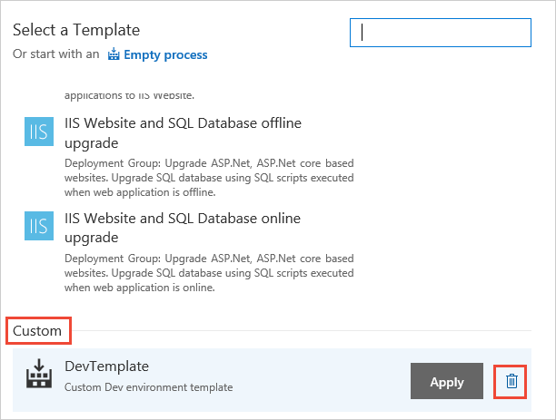 Screenshot showing how to delete a custom stage template