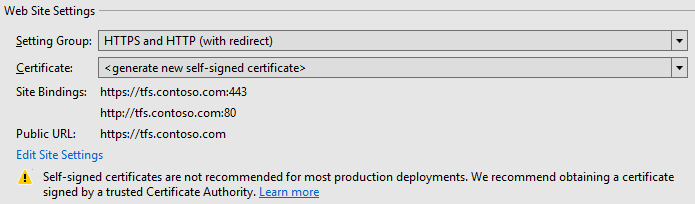 HTTPS and HTTP with redirect setting group.