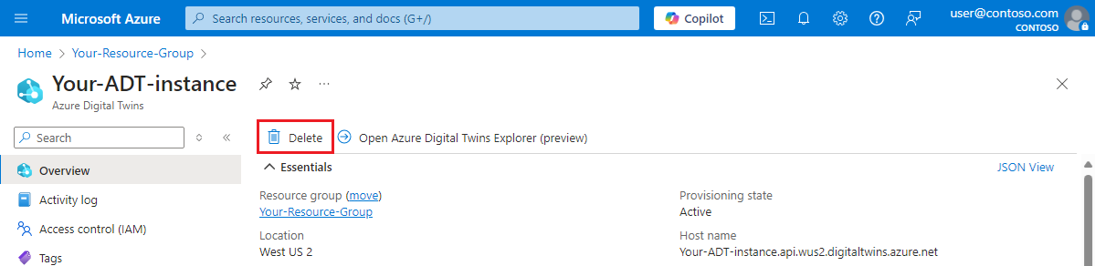 Captura de tela da página Visão geral de uma instância dos Gêmeos Digitais do Azure no portal do Azure. O botão Excluir é realçado.