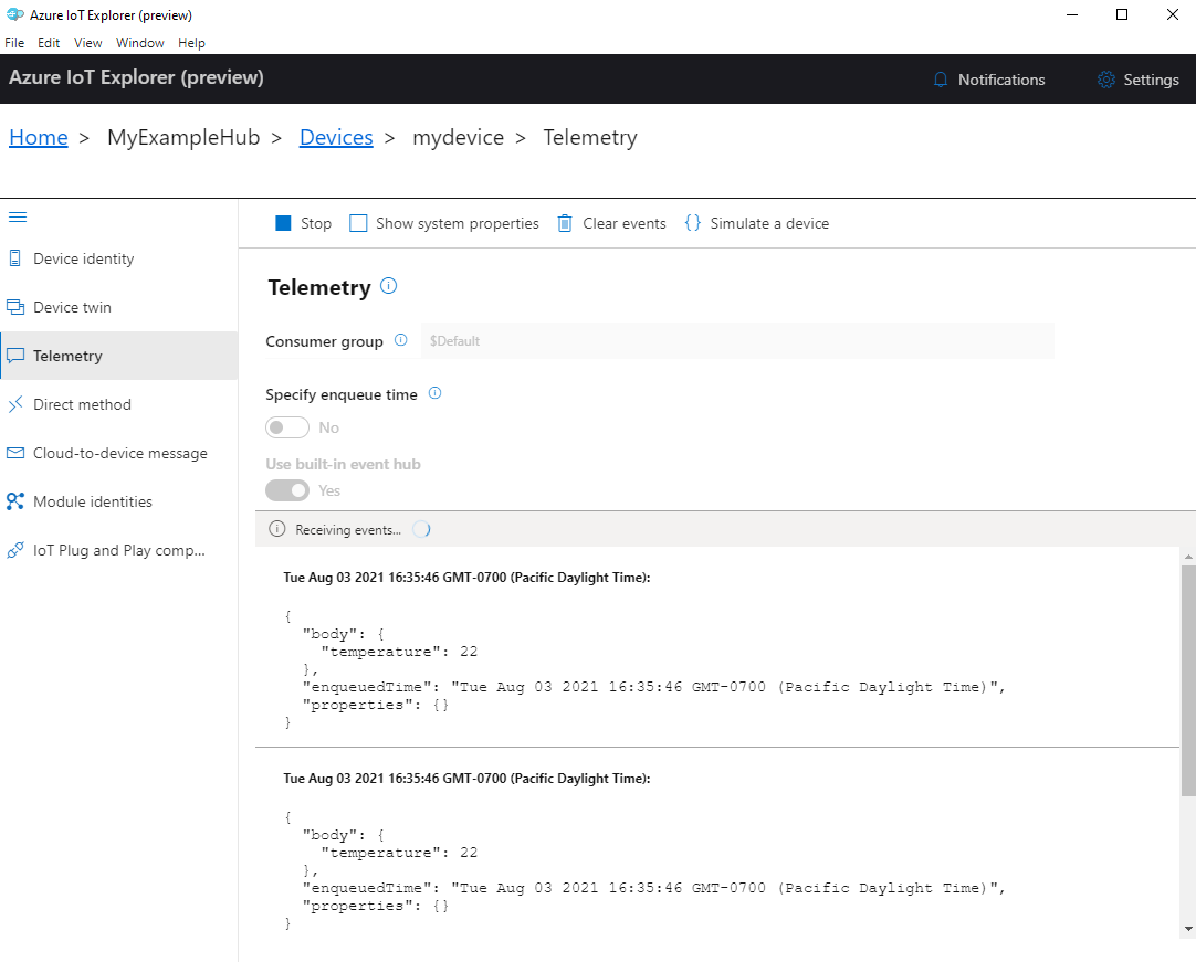 Captura de tela da telemetria do dispositivo no IoT Explorer