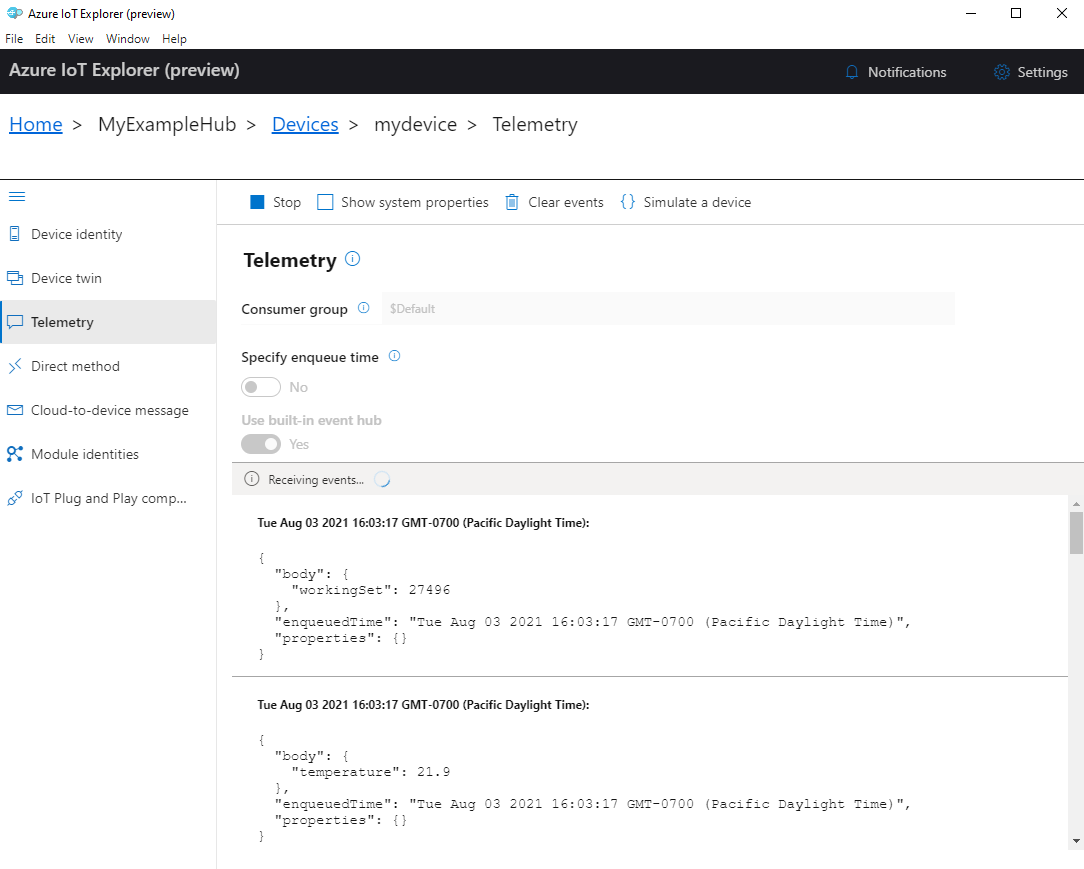 Captura de tela da telemetria do dispositivo no IoT Explorer