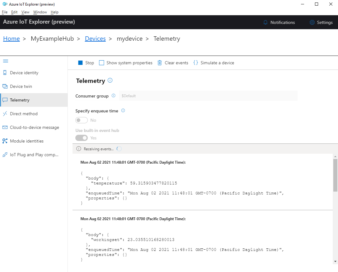 Captura de tela da telemetria do dispositivo no IoT Explorer