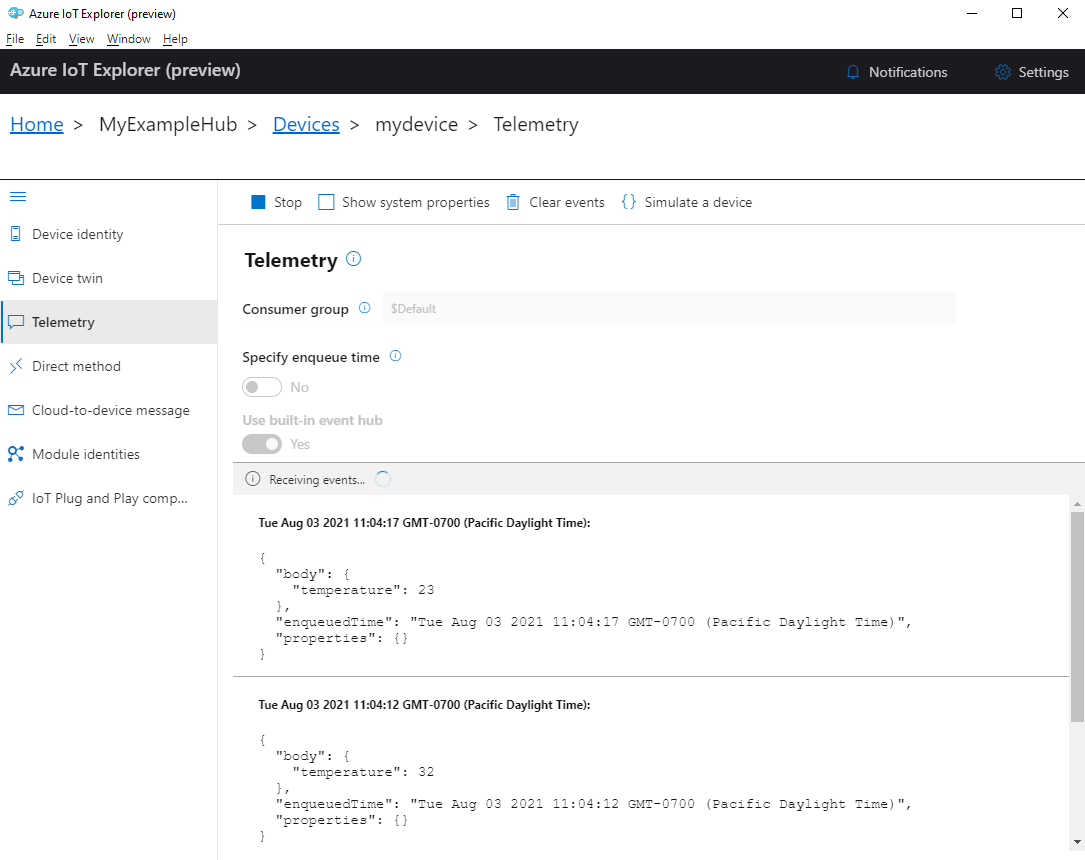 Captura de tela da telemetria do dispositivo no IoT Explorer