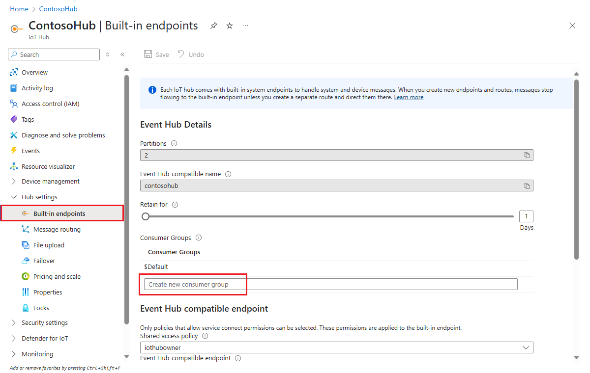 Captura de tela mostrando como criar um grupo de consumidores no hub IoT.