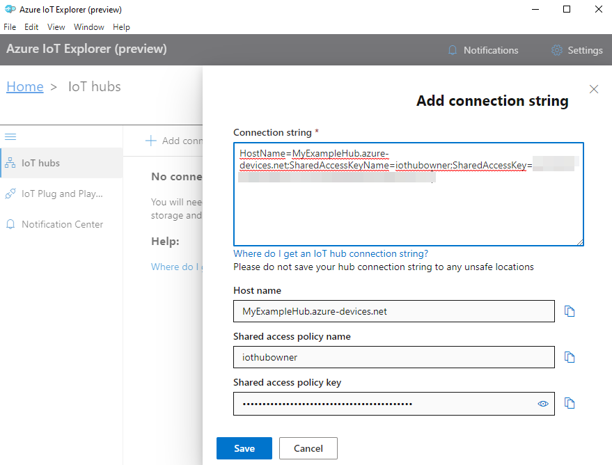 Captura de tela da adição de uma conexão no IoT Explorer