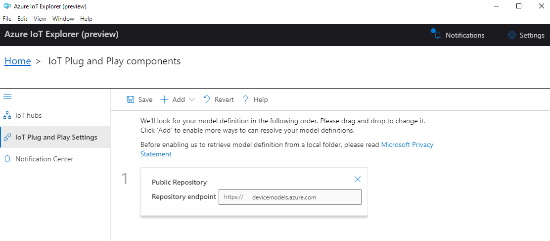 Captura de tela da adição do repositório de modelos públicos no IoT Explorer